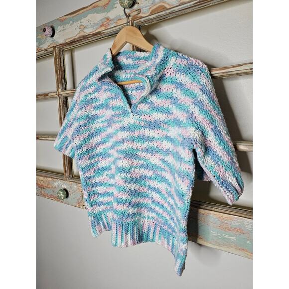 Vintage Crochet Lattice Split Collared Short Sleeve Sweater size Medium - Picture 2 of 8